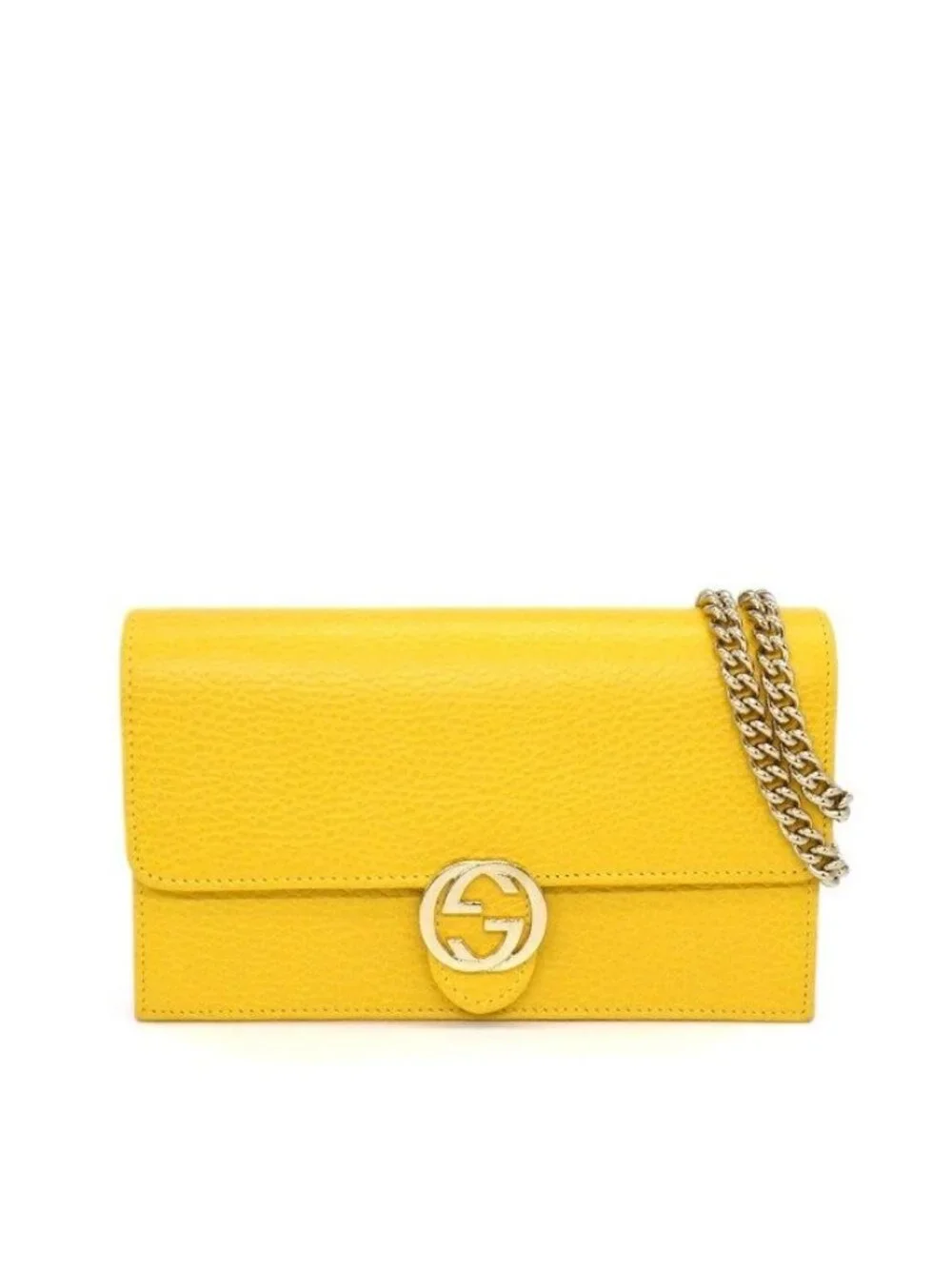 Gucci Shoulder Bag Clutch Interlocking G Chain Wallet Yellow Leather Gold
